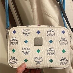 MCM White Crossbody Bag with Blue and Green Accents